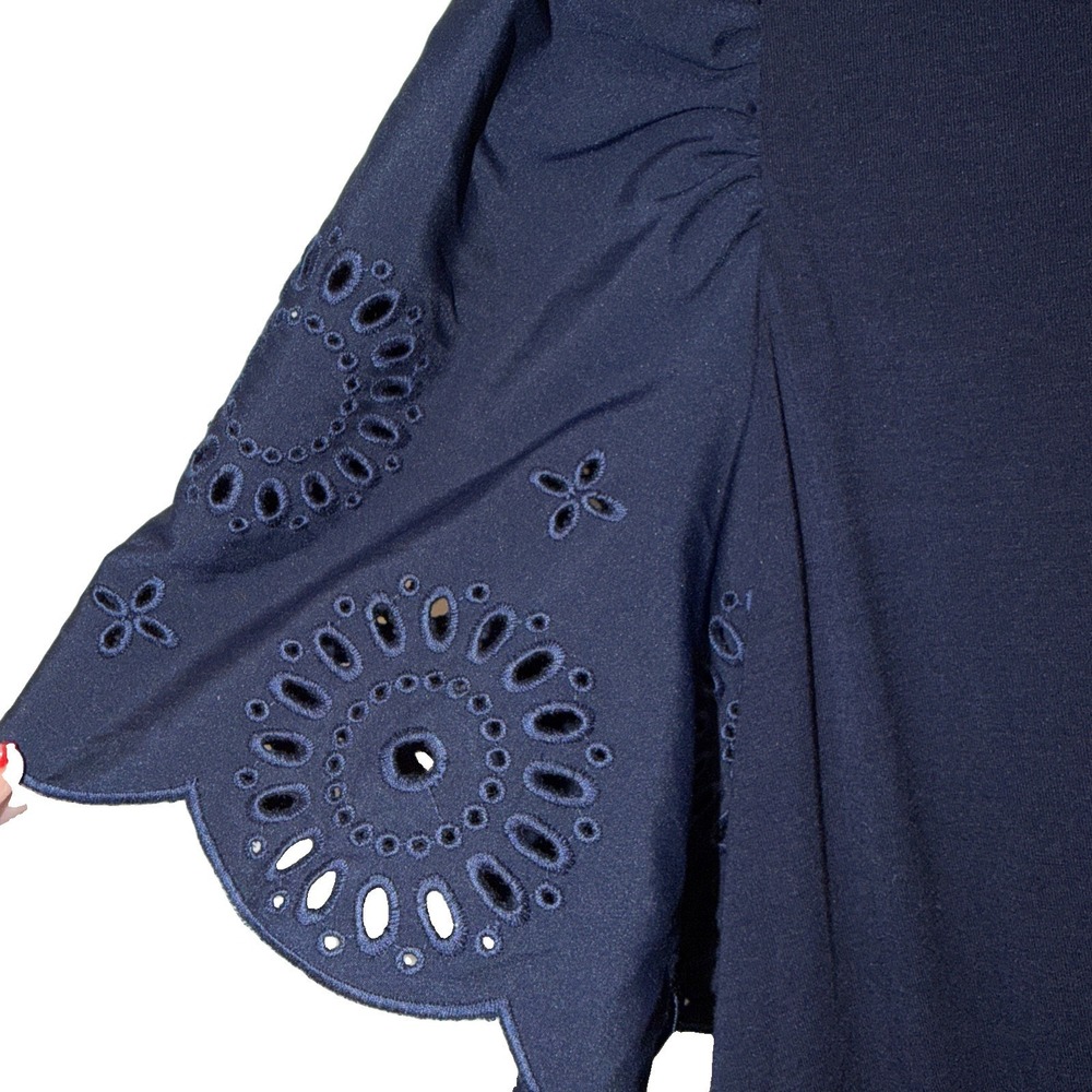 Modern Works Women's Dress Navy Coastal Preppy Puff Sleeve Eyelet Plus Size 1X - Picture 3 of 5